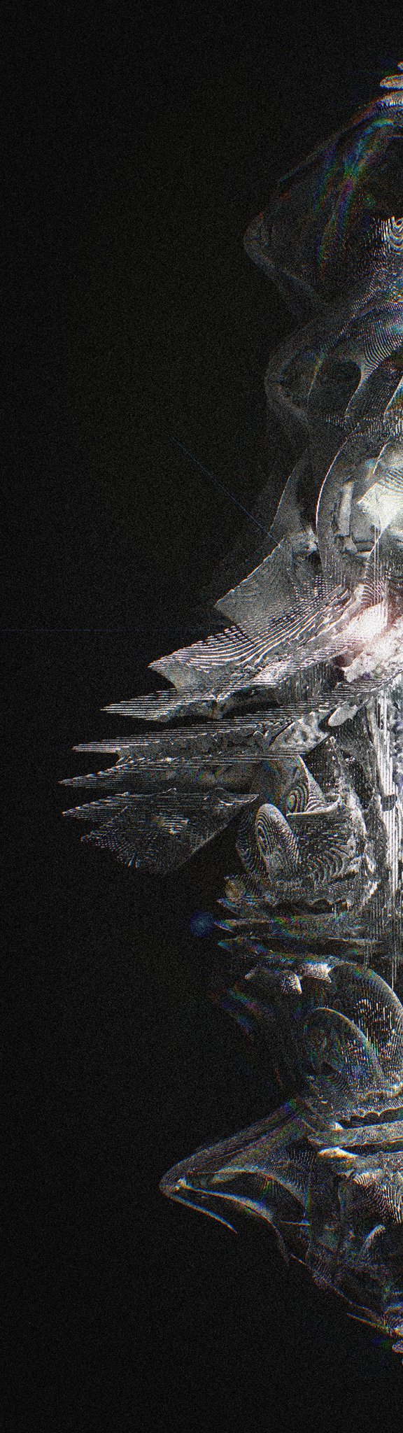 An abstract, dark image with a glitchy, textured pattern on the right side resembling digital distortion or fabric folds, set against a black background.