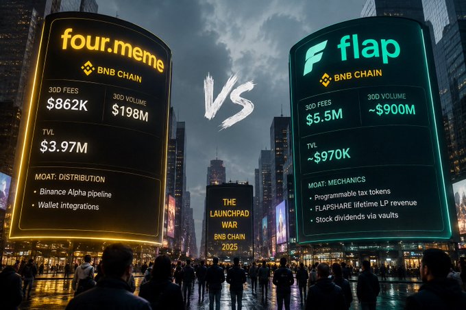 A promotional comparison graphic titled 'THE LAUNCHPAD WAR BNB CHAIN 2025' pitting four.meme against flap, showing metrics including 30D Fees, 30D Volume, TVL, and MOAT features for both platforms.