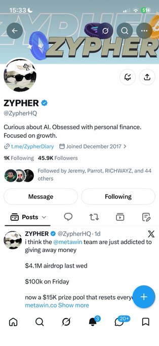 The image shows a screenshot of the Twitter/X profile for "ZYPHER" (@ZypherHQ), which has 45.9K followers and was joined in December 2017, with a recent post mentioning a "$15k prize pool" from the @metawin team. The profile relates to the giveaway announcement by showcasing the host's account and their active promotion of crypto-related contests and prizes.