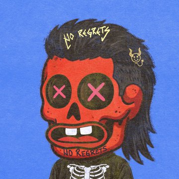 A red-skinned cartoon character with pink X eyes, black hair, and text reading 'NO REGRETS' and 'NO REGRETZ' tattooed on its forehead and mouth, set against a solid blue background.