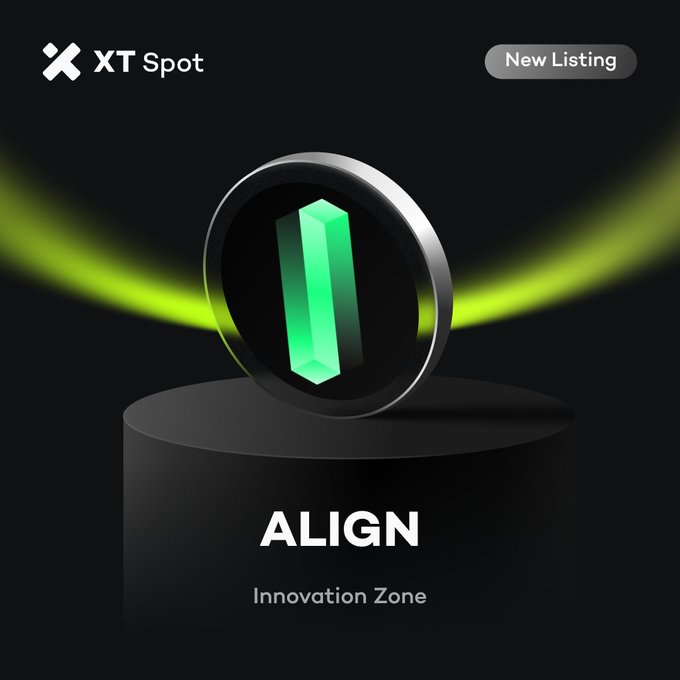 A promotional graphic for 'XT Spot' announcing a 'New Listing' called 'ALIGN' in the 'Innovation Zone', featuring a green crystal logo inside a circular emblem.