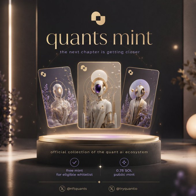 A promotional graphic for 'quants mint' NFT collection, described as 'the next chapter is getting closer' and the 'official collection of the quant ai ecosystem', featuring three humanoid robotic figures with glowing eyes on a pedestal, with options for 'free mint for eligible whitelist' and '0.75 SOL public mint'.