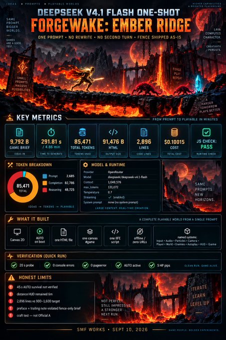An infographic titled 'DEEPSEEK V4.1 FLASH ONE-SHOT FORGEWAKE: EMBER RIDGE' displays key metrics for a game built in 291.81s, including 85,471 tokens used, 2,896 code lines, and a total cost of $0.10015, with text noting 'LARGE CONTEXT REAL-TIME CREATION' and 'JS CHECK PASS'.