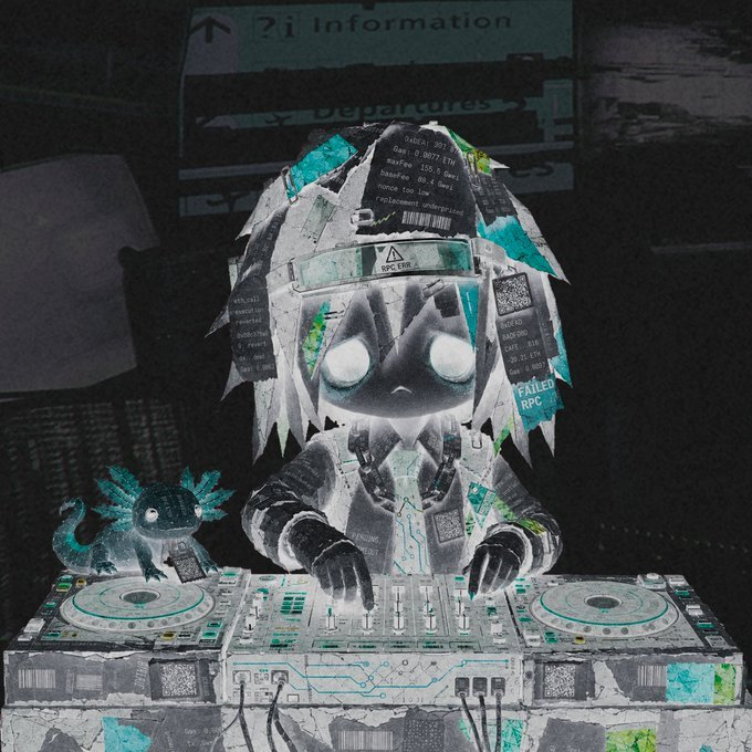A digital glitch-art illustration of an anime-style character with glowing white eyes DJing on a deck, rendered with a cyberpunk aesthetic featuring teal accents, QR codes, and airport departure signage in the background.