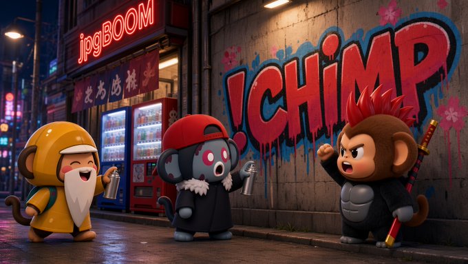 A vibrant AI-generated cartoon image showing three chibi monkey characters on a neon-lit street with graffiti reading "!CHiiMP", one in a yellow raincoat, one in black with a red cap holding a spray can, and a muscular one with a red mohawk holding a bat, with a "jpgBOOM" sign above a vending machine.
