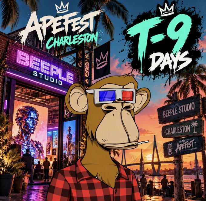 An ApeFest Charleston promotional graphic with '9 Days' countdown, featuring a Bored Ape NFT character wearing 3D glasses at Beeple Studio.