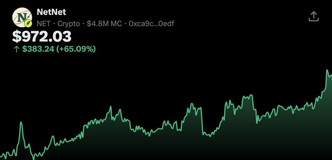 A cryptocurrency price chart for NetNet (NET) showing a current price of $972.03, up $383.24 (+65.09%), with a $4.8M market cap.