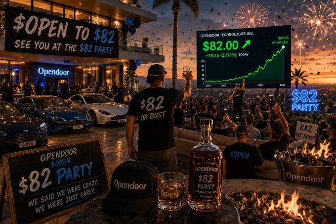 Stylized promotional scene celebrating Opendoor (OPEN) hitting $82, showing a banner reading 'OPEN TO $82 SEE YOU AT THE $82 PARTY', a chart showing $82.00 (+78.45 / 2.132%) today, people in '82 OR BUST' shirts, fireworks, and whiskey bottles labeled 'OPENDOOR $82 PARTY'.