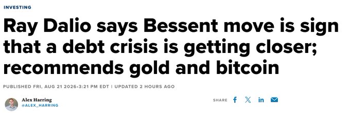 A CNBC investing article dated August 21, 2026 features Ray Dalio warning that Treasury Secretary Bessent's recent move signals an approaching debt crisis, with Dalio recommending gold and Bitcoin as hedges. The headline directly supports the accompanying post's concern about the US Treasury's plan to at least double its 10-30 year Treasury purchases, which failed to lower bond rates as Dalio had predicted a debt crisis would.