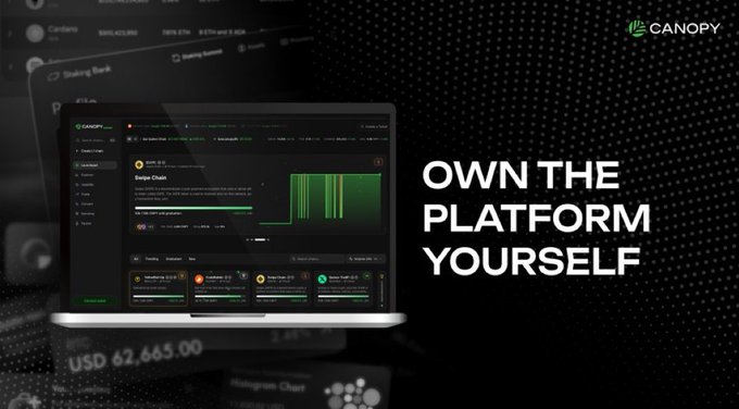 The image shows a laptop screen displaying the words "Own the platform yourself" along with a description of the software shown on the screen, which appears to be related to cryptocurrencies or web3 technology. The laptop screen has been placed against a black background, creating an attractive visual contrast that helps draw attention to the displayed content.