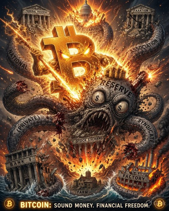 A fiery, apocalyptic image depicts a monstrous, tentacled "RESERVE" entity destroying institutions labeled "FEDERAL RESERVE," "TAXATION," "U.S. CAPITOL," "ASSOCIATION," "PRIVATE," "SYNDICATE," "BANK," "STOCK EXCHANGE," "FACTORY," and "FARM," with a golden Bitcoin (₿) symbol at the center, captioned "BITCOIN: SOUND MONEY. FINANCIAL FREEDOM."

The image ties to the post's "orange" theme by visualizing Bitcoin's signature fiery orange glow as a force tearing down the traditional financial system in pursuit of financial freedom.