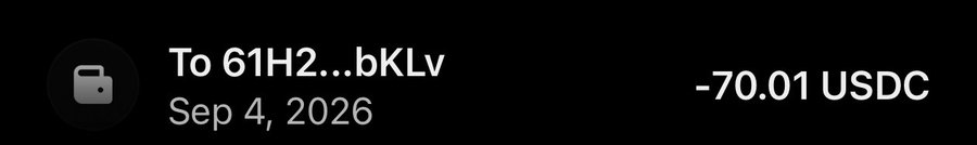A transaction record on a black background shows a transfer of -70.01 USDC sent to address "61H2...bkLv" dated Sep 4, 2026.