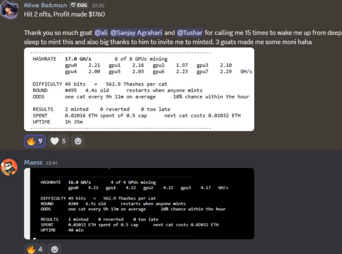 A Discord screenshot shows two users, "Alive Botman" and "Maess," sharing their Hashcats mining results, with Botman reporting a profit of $1760 from mining 2 NFTs at 17.0 GH/s and Maess confirming a successful 0.02012 ETH spend, illustrating the post's claim that users are earning solid four-figure returns from Hashcats mining.