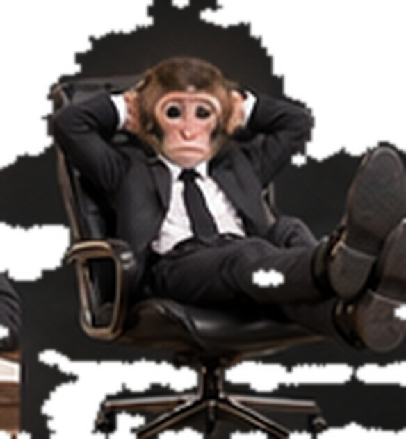 A surreal image of a monkey in a business suit lounging in an office chair with hands behind its head, set against a pixelated black-and-white background.