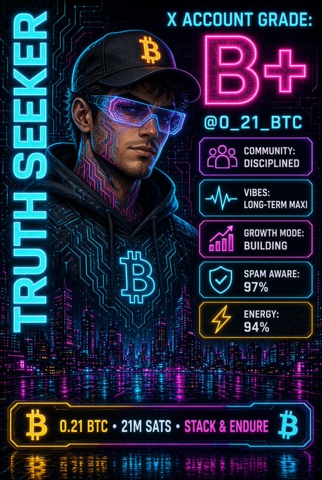 A neon-styled Bitcoin profile card titled 'TRUTH SEEKER' with an 'X ACCOUNT GRADE: B+' for @0_21_BTC, listing stats like 'COMMUNITY: DISCIPLINED' and 'ENERGY: 94%'.