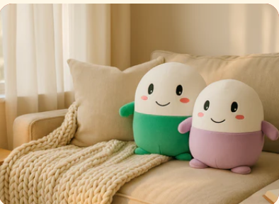 Two adorable plush toys—one green and one purple, both with smiling cream-colored faces—sit side by side on a cozy couch draped with a knitted blanket, perfectly capturing the charming and marketable aesthetic that could drive the $Cupsey retail brand toward its projected 100M milestone.