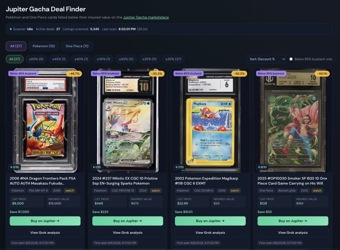Screenshot of the 'Jupiter Gacha Deal Finder' website showing graded Pokemon and One Piece cards with discounts including a 2006 Pokemon EX Dragon Frontiers Pack, 2024 Mimikyu EX Surging Sparks, 2002 Pokemon Expedition Magikarp, and a 2025 One Piece Smoker SP card.