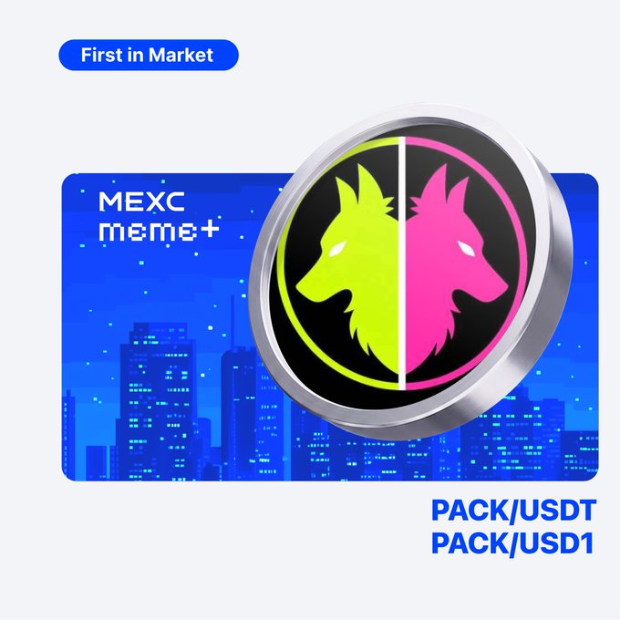 A promotional graphic from MEXC announcing the "First in Market" listing of the $PACK token (ticker PACK/USDT and PACK/USD1) on the MEXC Meme+ platform, featuring a silver coin emblem with dual wolf heads in yellow-green and magenta over a blue cityscape. The image ties directly to the post's announcement of a 0-fee Meme+ listing for the $PACK token by @2wolvesxyz.
