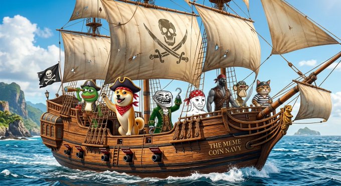 A whimsical meme pirate ship named "THE MEME COIN NAVY" sails the seas, crewed by iconic meme characters like Doge, Pepe, Trollface, and the "I Should Buy a Boat" dog hoisting a skull-and-crossbones sail. The image ties to the post's rallying cry for $CULT, casting the token's growing momentum as a pirate crew setting sail toward the next milestone.