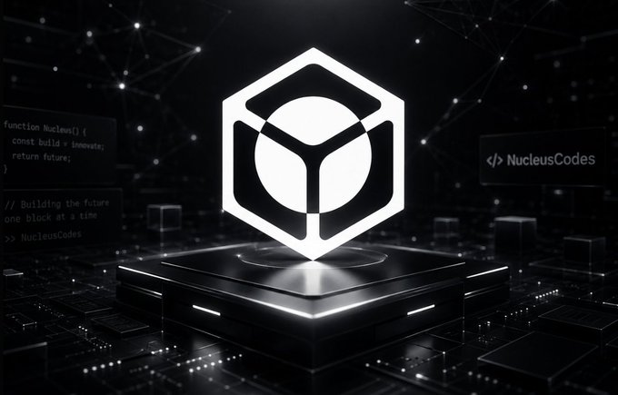 A futuristic dark digital illustration featuring a glowing white hexagonal cube logo on a platform, with 'NucleusCodes' branding and code snippets visible in the background.