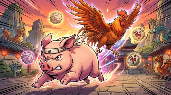 A colorful digital illustration depicts a charging pig wearing a headband, an attacking rooster, and dragons in an East Asian temple setting, surrounded by floating hexagonal icons.