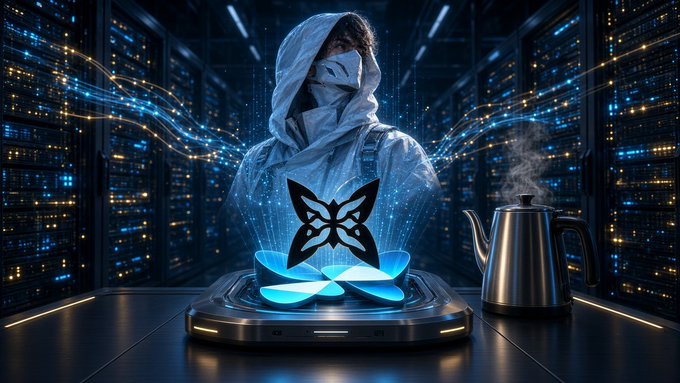 A hooded figure in a server room with a glowing butterfly-shaped emblem and a steaming kettle in the foreground.