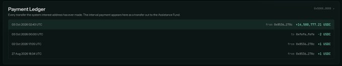 A dark-themed 'Payment Ledger' screen shows cryptocurrency transactions with details like 'from 0x8336...27fc: +14,585,777.21 USDC' and a note about an Assurance Fund transfer.