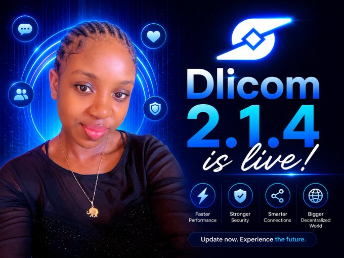 The image features a woman wearing a black top, smiling at the camera while sitting down. She has a necklace around her neck. The background of the image is blue with white text that reads "DLICOM 2.1.4 is now live!". This suggests that the image was taken recently and is related to the DLICOM app or platform being discussed in the post.