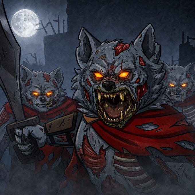 A horror illustration depicts snarling werewolves with glowing orange eyes and exposed red muscle against a dark, full-moon backdrop, with the central beast baring sharp fangs.