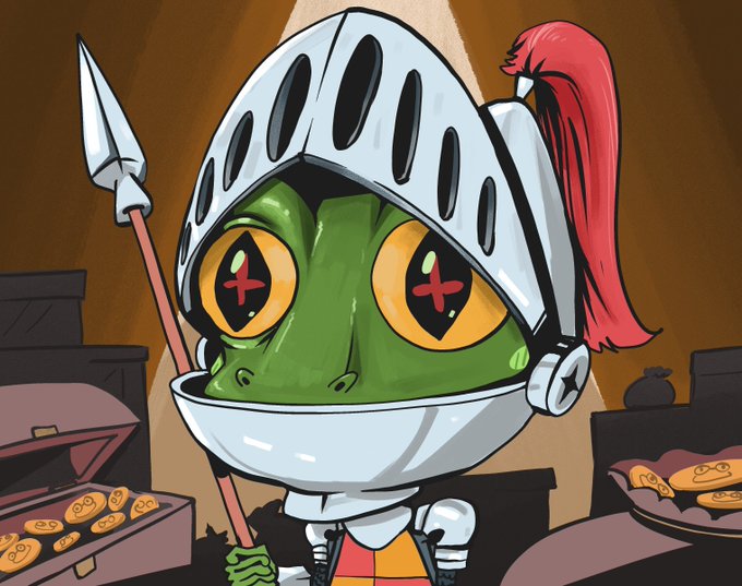 A cartoon illustration of a green turtle character wearing a knight's helmet with a red plume, holding a spear, with treasure chests in the background.