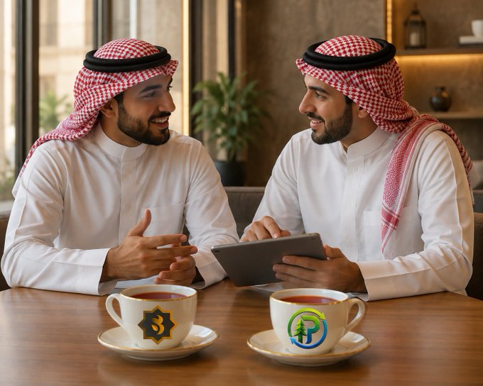 Two men in traditional white thobes and red-checkered ghutras sit at a wooden table with tea cups labeled 'B' and 'P', smiling as they look at a tablet together.