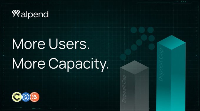 A promotional banner for 'alpend' displaying the text 'More Users. More Capacity.' alongside cryptocurrency logos and a bar chart labeled 'Deposit Cap'.