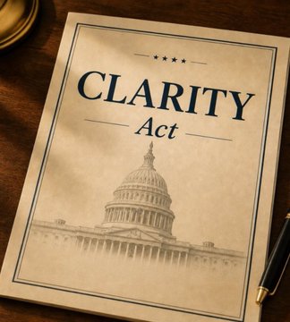 A printed document titled "CLARITY Act" rests on a wooden surface alongside a pen, featuring an illustration of the U.S. Capitol dome—visually representing the delayed Senate vote on the legislation that Majority Leader John Thune has postponed until September.