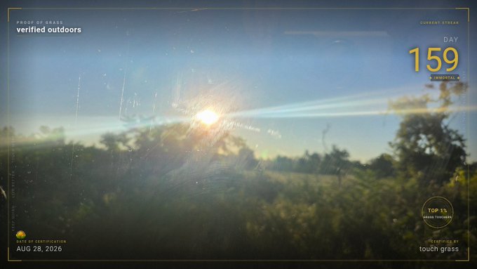 A sunrise view through a smudged window with a 'verified outdoors' overlay, showing 'DAY 159' and a date of 'AUG 28, 2026'.