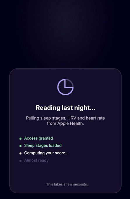 A sleep tracking app screen displaying 'Reading last night...' and 'Pulling sleep stages, HRV and heart rate from Apple Health' with progress indicators.