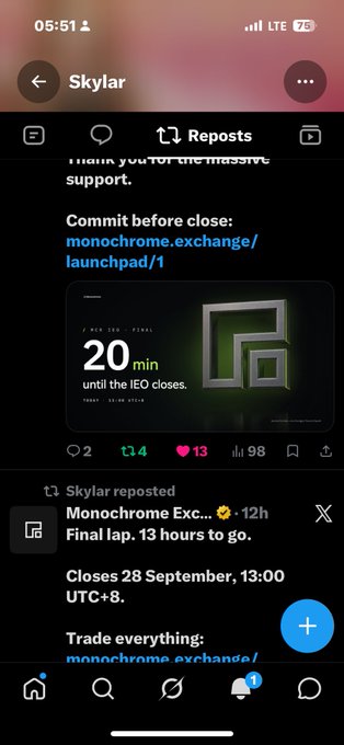 A mobile screenshot of an X (Twitter) post by 'Skylar' showing a countdown of '20 min until the IEO closes' for Monochrome Exchange with a link to monochrome.exchange/launchpad/1. A repost shows 'Final lap. 13 hours to go' with 'Closes 28 September, 13:00 UTC+8' and 'Trade everything: monochrome.exchange'.