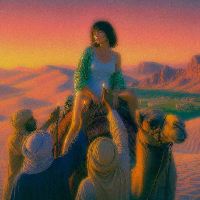 Artistic painting depicting a woman smoking a cigarette while seated atop a camel in a desert, surrounded by men in traditional robes holding up candles during sunset.