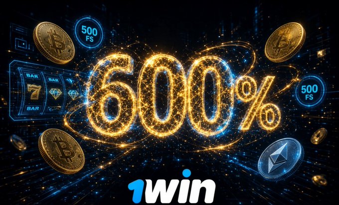 A promotional graphic for 1win featuring a glowing golden '600%' surrounded by Bitcoin and Ethereum coins against a dark background.