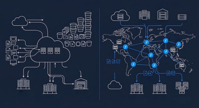 A split-panel illustration contrasts centralized cloud storage on the left with a globally distributed storage network on the right, connected by nodes marked “f” across data centers and devices. It visually supports Filecoin’s positioning for cloud workloads, highlighting that while many CIOs are shifting some public-cloud storage, few plan a complete exit.