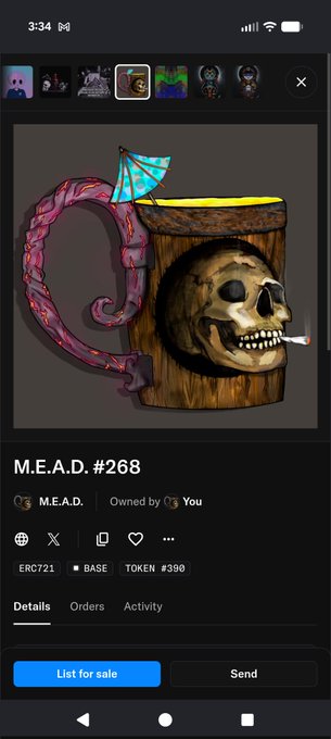 A mobile screenshot of an NFT marketplace showing the digital artwork 'M.E.A.D. #268' which depicts a wooden tankard with a skull drinking from it, and an octopus tentacle holding a tiny umbrella.