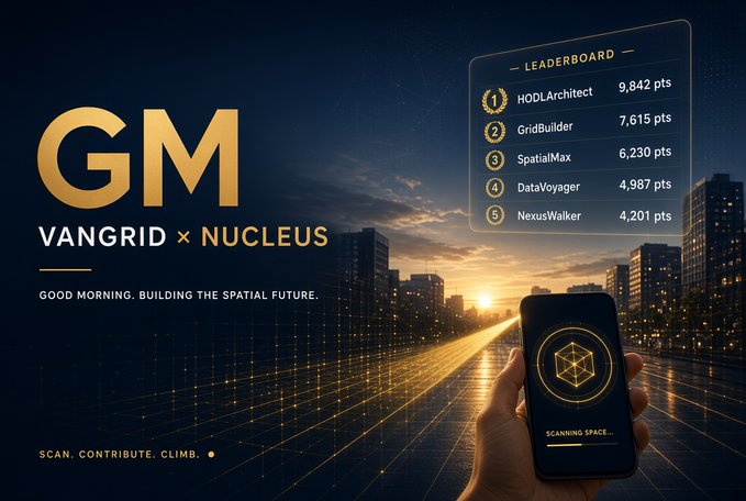 A promotional graphic for 'VANGRID x NUCLEUS' features the text 'GM' and 'GOOD MORNING. BUILDING THE SPATIAL FUTURE.' alongside a leaderboard ranking users like HODLarchitect and GridBuilder, with a hand holding a phone displaying 'SCANNING SPACE'.