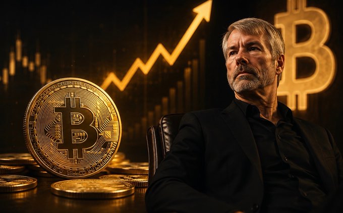 A man in a black suit sits contemplatively beside a large physical Bitcoin and stacked gold coins, with an illuminated upward-trending chart and a Bitcoin logo glowing in the dark background.