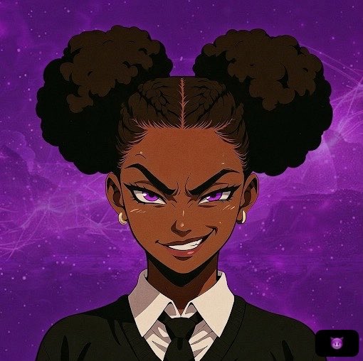A digital illustration of a character with dark skin, purple eyes, and large black puffy hair buns, smiling menacingly in a suit and tie against a purple, web-patterned background.