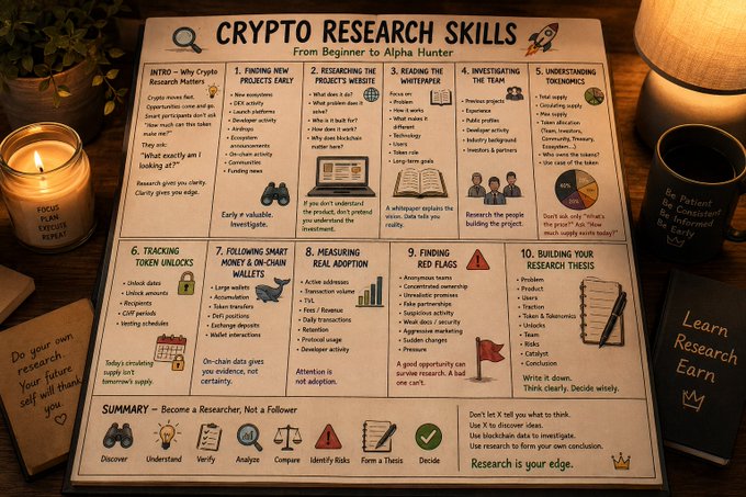 An illustrated poster titled 'CRYPTO RESEARCH SKILLS' outlining 10 steps from beginner to alpha hunter, including finding new projects, reading whitepapers, and building a research thesis, with a summary at the bottom.
