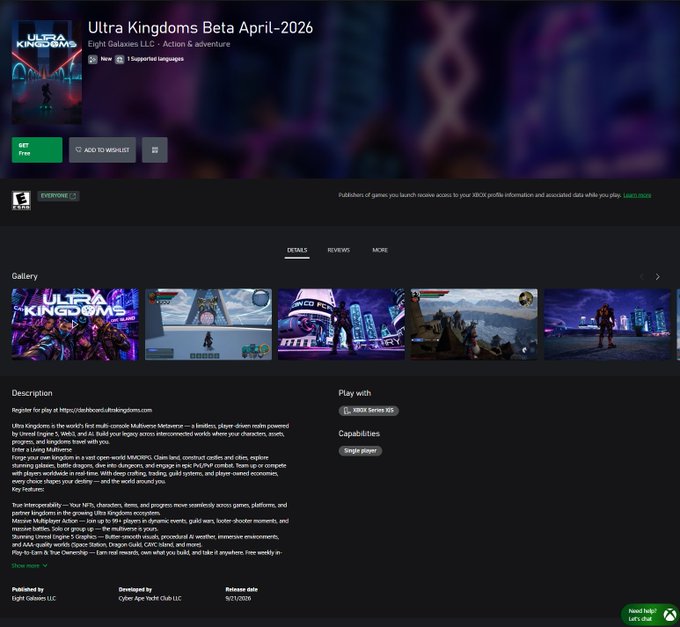 A screenshot of an Xbox store page for the game 'Ultra Kingdoms Beta April 2026', an action and adventure title developed by Cyber Ape tech club LLC.