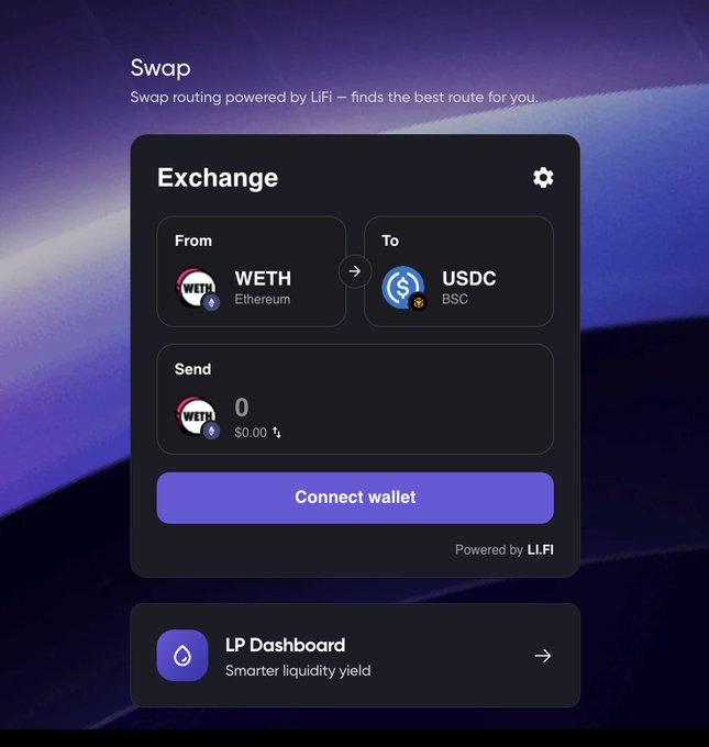 A crypto swap interface titled 'Swap' with routing powered by LI.FI, showing an exchange from WETH (Ethereum) to USDC (BSC) with a 'Connect wallet' button.