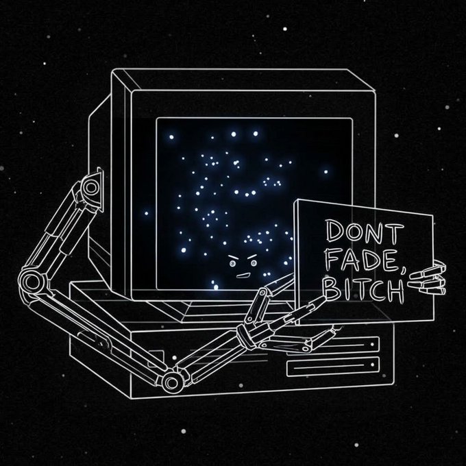 A stylized, black-and-white digital illustration of a skeletal, robotic figure at a keyboard, with a monitor displaying a sad face made of dots, and a speech bubble reading 'DONT FADE, BITCH'.