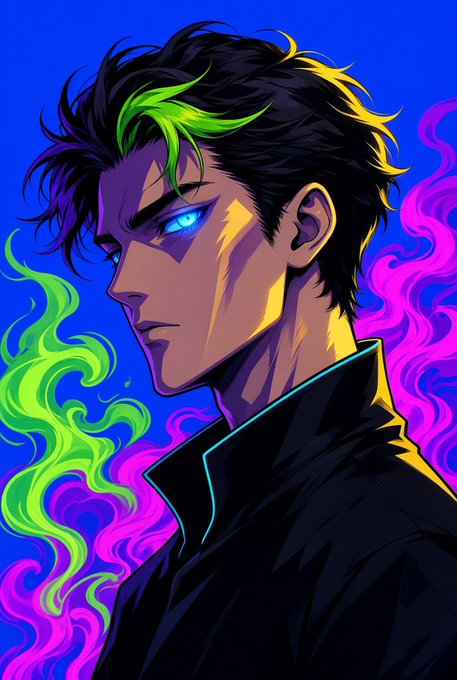 An anime-style digital illustration of a man with glowing blue eyes, dark hair streaked with green, wearing a black collared jacket, set against a vibrant blue background with swirling green and pink smoke.