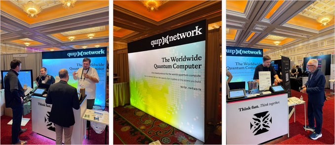 Three views of the 'quip network' booth at a conference, with signage reading 'The Worldwide Quantum Computer' and 'Think fast. Think ngredict.' along with informational displays.