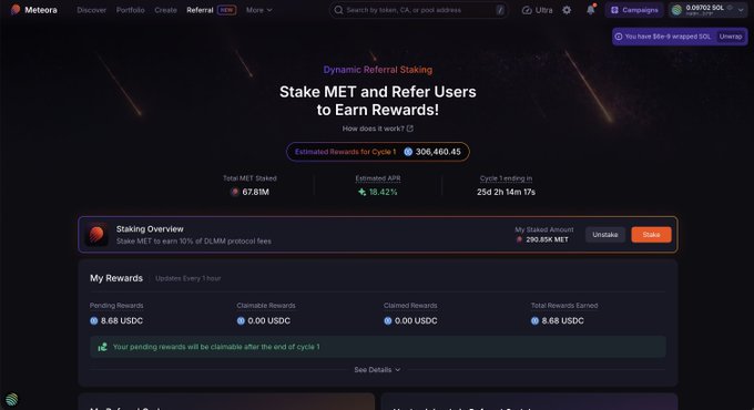 The Meteora Dynamic Referral Staking dashboard shows a user has staked 290.85K MET earning an 18.42% APR with 306,460.45 estimated rewards for cycle 1 (ending in 25d 14m 19s), and has accrued 8.68 USDC in pending rewards tied to the platform's 10% DLMM protocol fee share.
